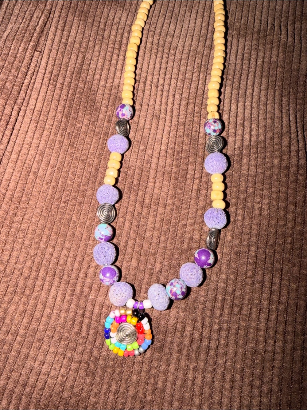 Lavender Beaded Pendant Necklace with Colorful Disc Accent